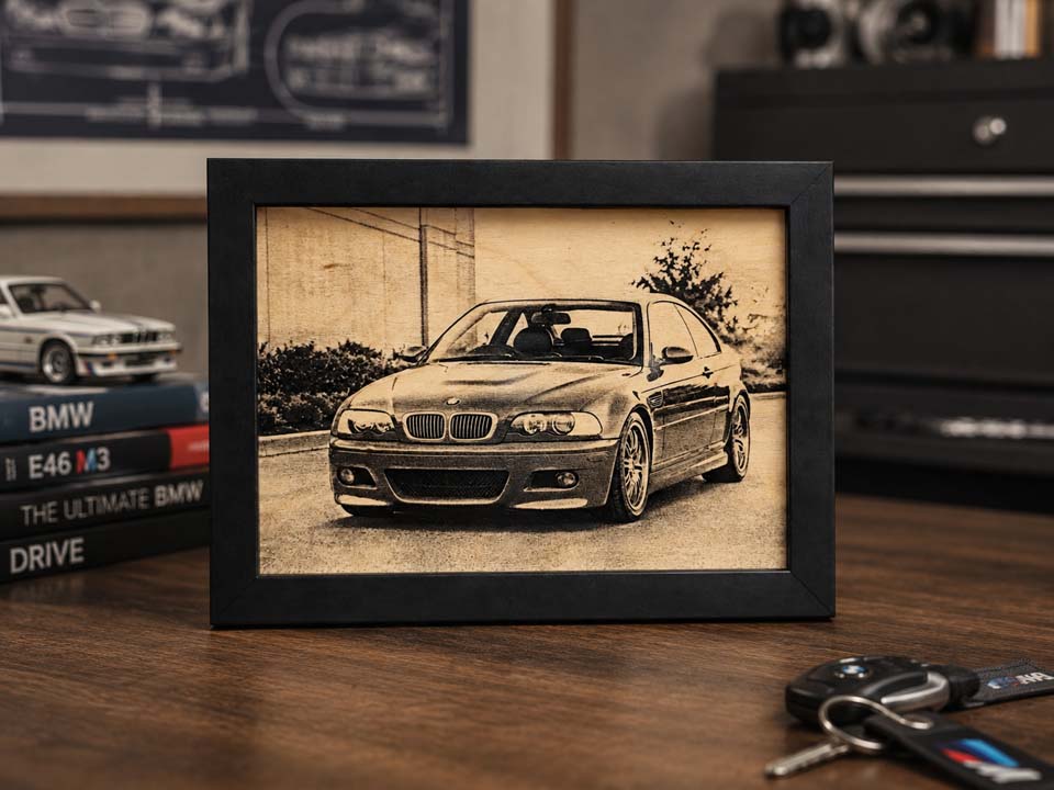 BMW autót ábrázoló egyedi fa fotógravír